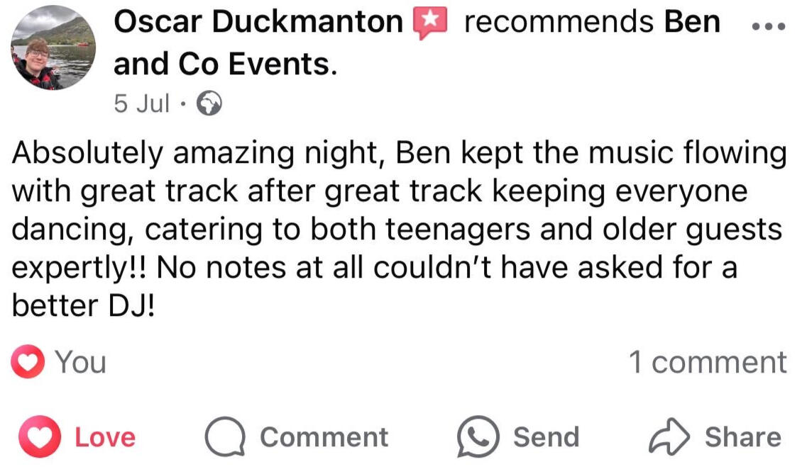 Highly Recommended Wedding Entertainment Positive review emphasizing the professionalism and creativity of Ben & Co Events during a wedding, making it a highly recommended choice for couples seeking top-notch DJ services.