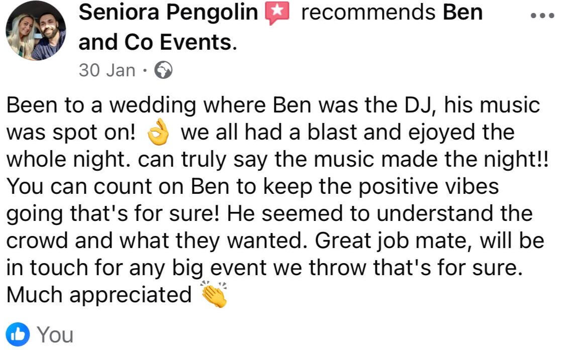 Exceptional Wedding DJ Experience 4 Feedback showcasing a couple's gratitude for the DJ services at their wedding, highlighting seamless music and a vibrant atmosphere created by Ben & Co Events.
