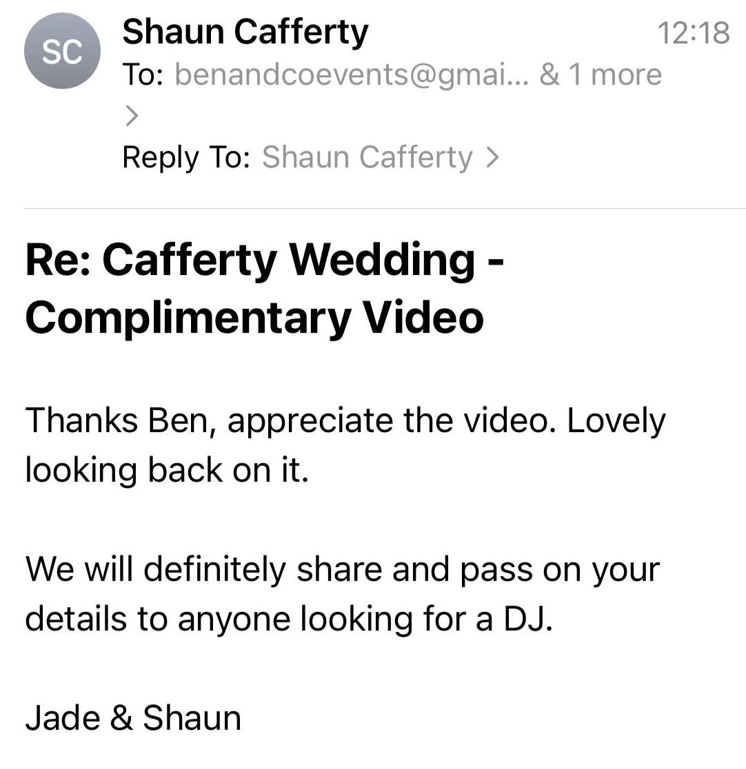 Positive Wedding DJ Review Client testimonial highlighting exceptional DJ services for a wedding, showcasing seamless music and memorable moments.
