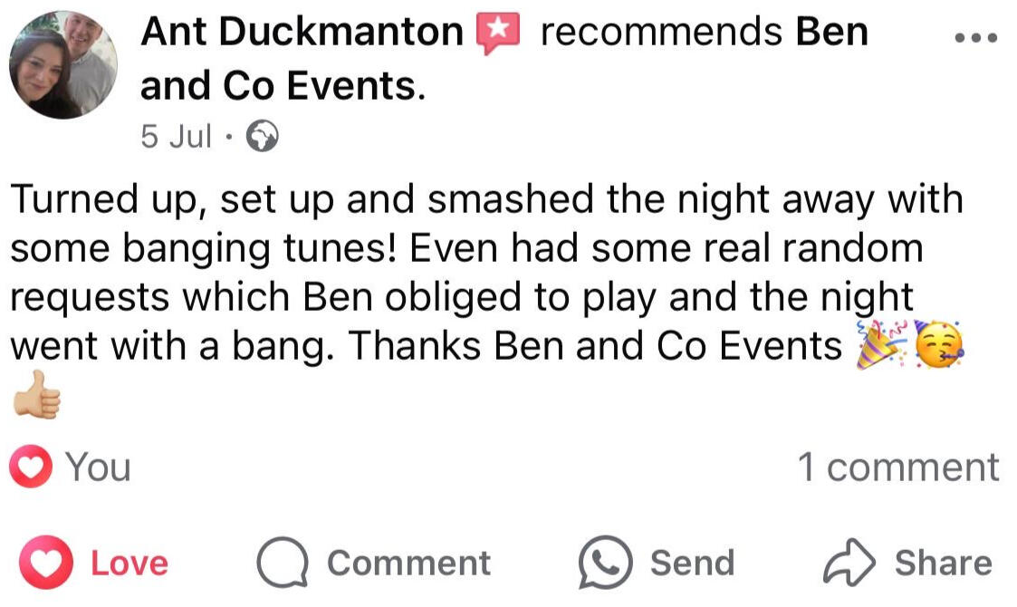 Wedding Party DJ Feedback 3 Customer feedback praising the DJ for a vibrant party atmosphere, noting interactive entertainment and crowd-pleasing music selections.